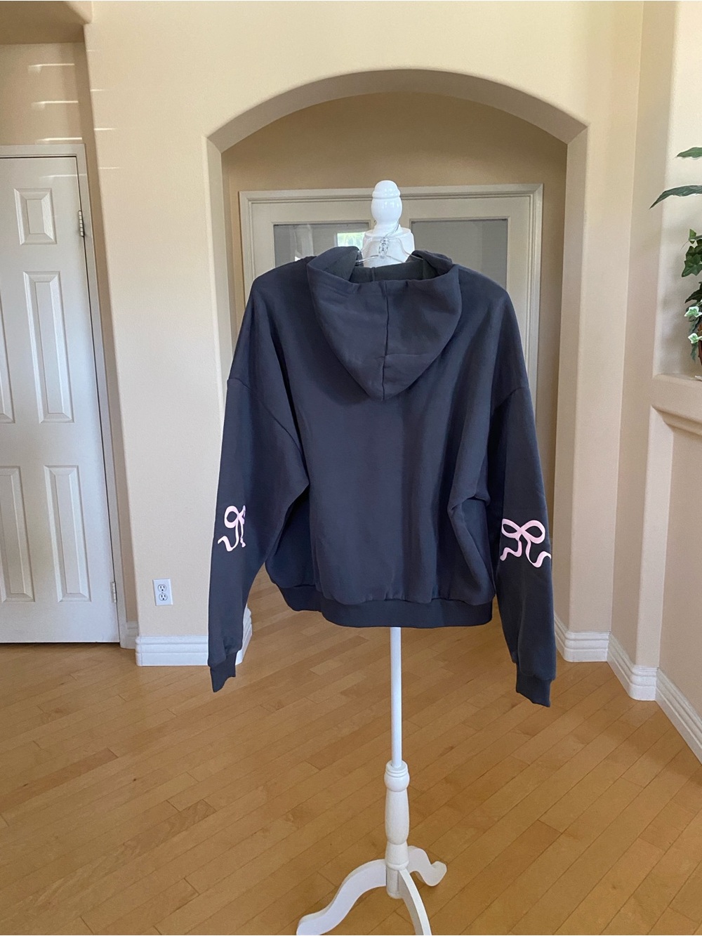 Edikted Dark Gray Hoodie with Pink Sleeve Bows - Picture 2 of 8